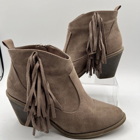 Faded Glory Women 9 Brown Fringe Faux Suede Zip Heel Ankle Boots Western Cowgirl - Picture 1 of 16